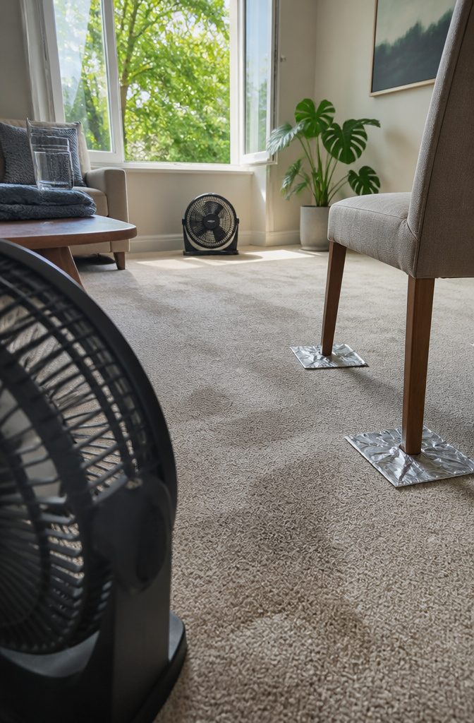 Floor fans facing damp carpet with foil squares under nearby chair legs