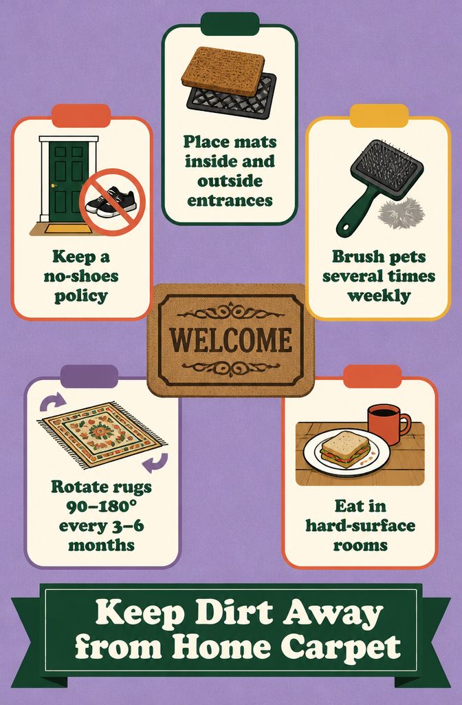 Instructional graphic showing ways to keep tracked dirt away from home carpet