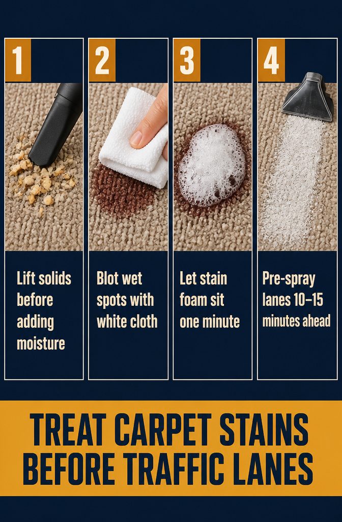 Carpet stain and high-traffic lane shown in an instructional cleaning graphic