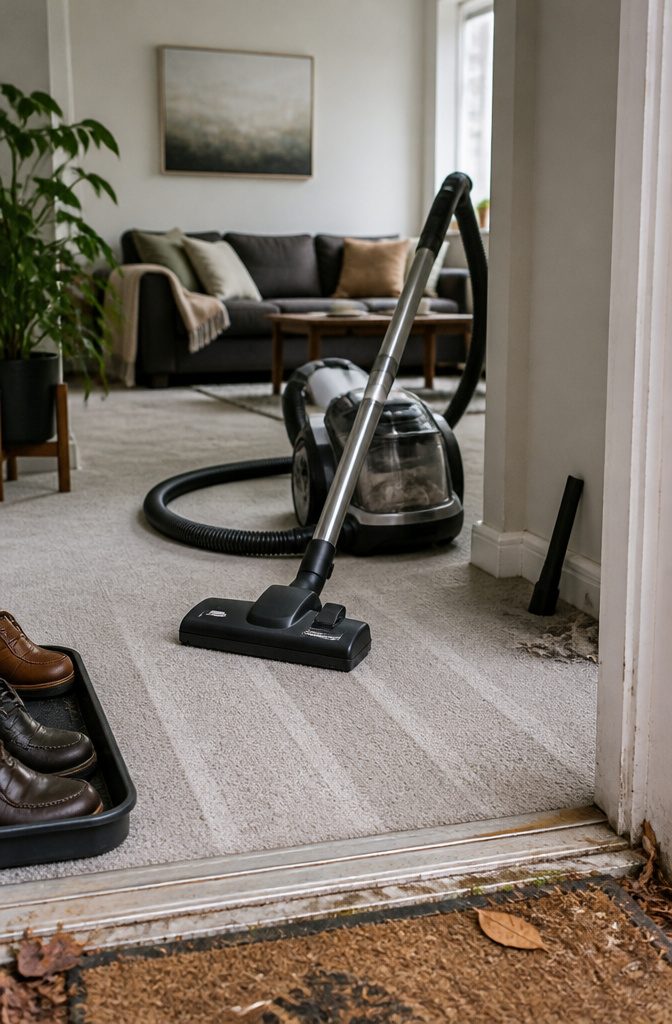 Vacuum cleaner moving across carpet in a home