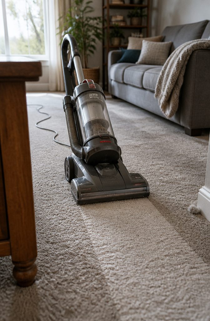 Vacuum cleaner passing over carpet before wet cleaning