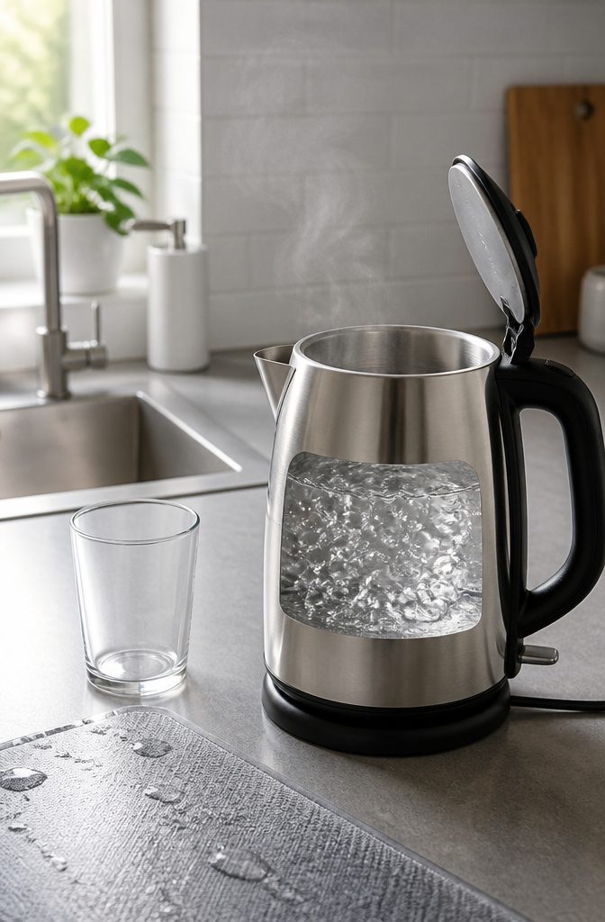 How to Clean an Electric Water Boiler in 6 Steps 7 Stainless steel electric kettle with clear boiling water and light steam