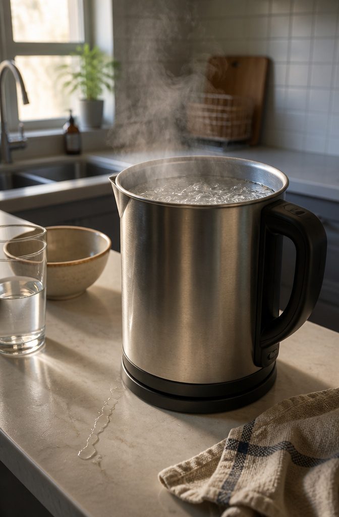 How to Clean an Electric Water Boiler in 6 Steps 4 Stainless steel electric kettle boiling a cleaning mixture with steam above the rim