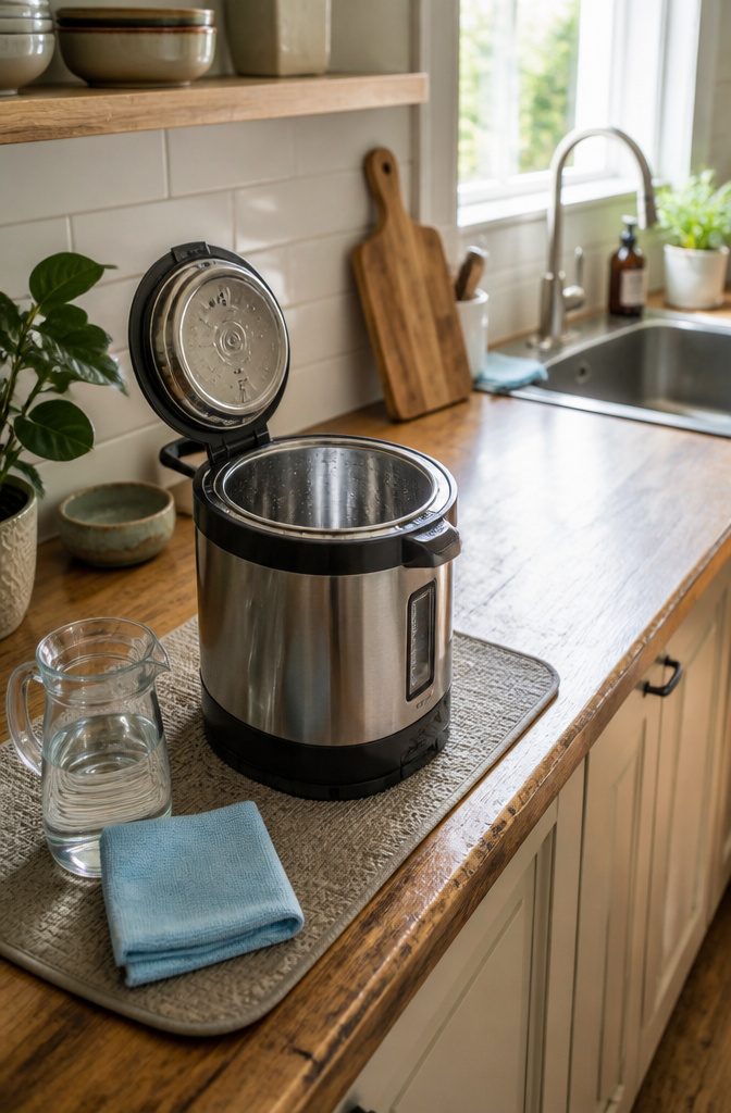 How to Clean an Electric Water Boiler in 6 Steps 6 Electric kettle beside fresh water and a microfiber cloth on the counter