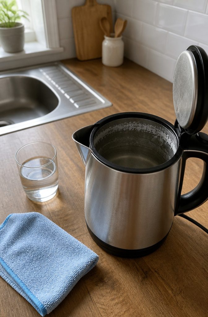How to Clean an Electric Water Boiler in 6 Steps 5 Open electric kettle with still descaling solution and softened mineral patches inside