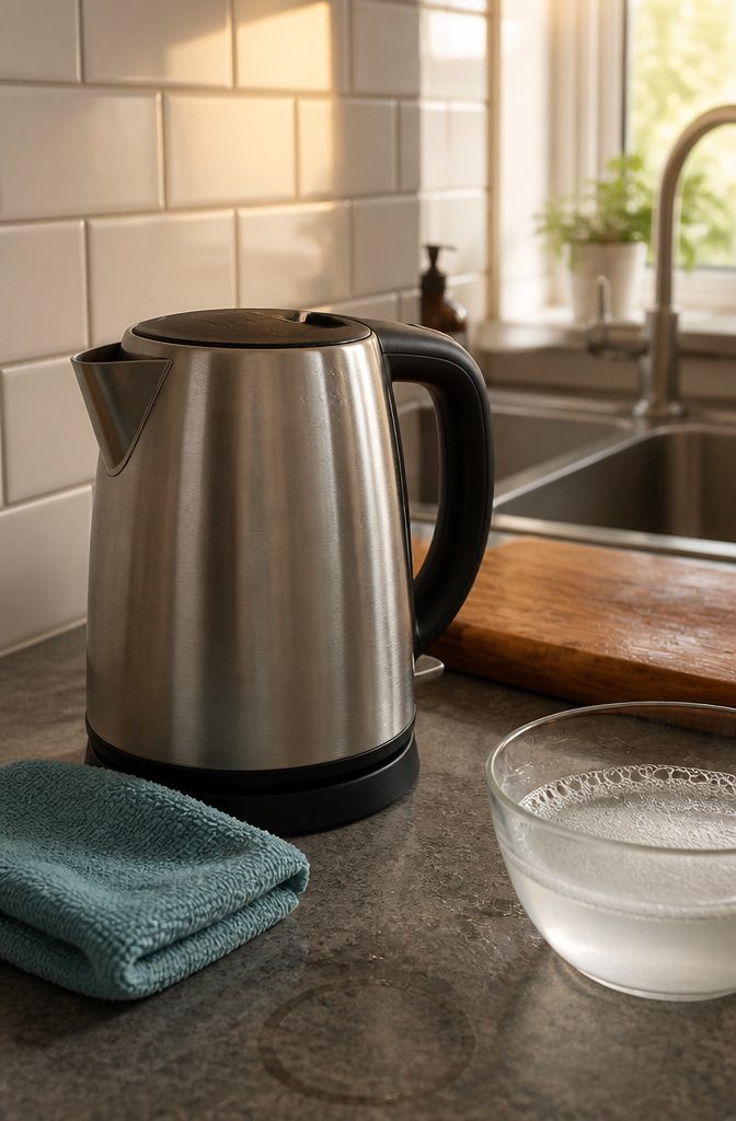 How to Clean an Electric Water Boiler in 6 Steps 8 Brushed stainless steel kettle beside a folded microfiber cloth and bowl of soapy water