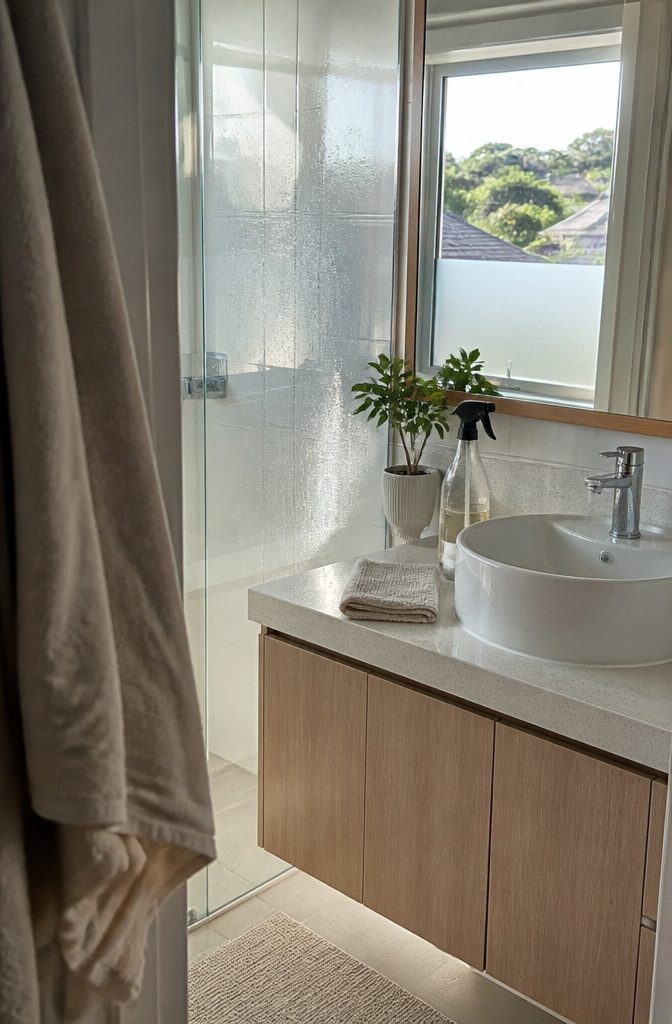 Bathroom shower tile and basin with beaded cleaner and folded cloth