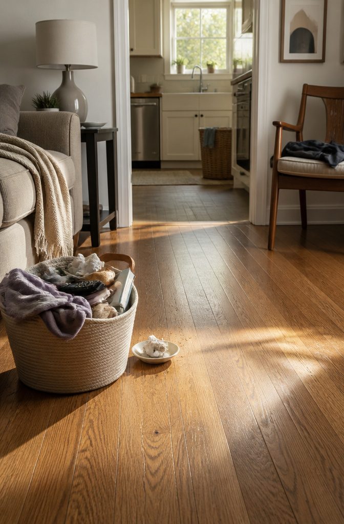 Basket of clutter beside a kitchen doorway with a sink and hamper beyond