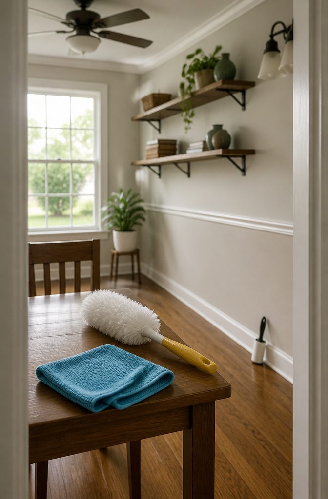 Microfiber cloth dusting a high shelf above furniture and flooring