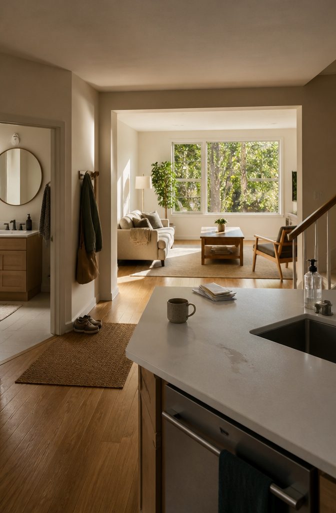 Kitchen counter and bathroom fixtures arranged among visible high-traffic home areas