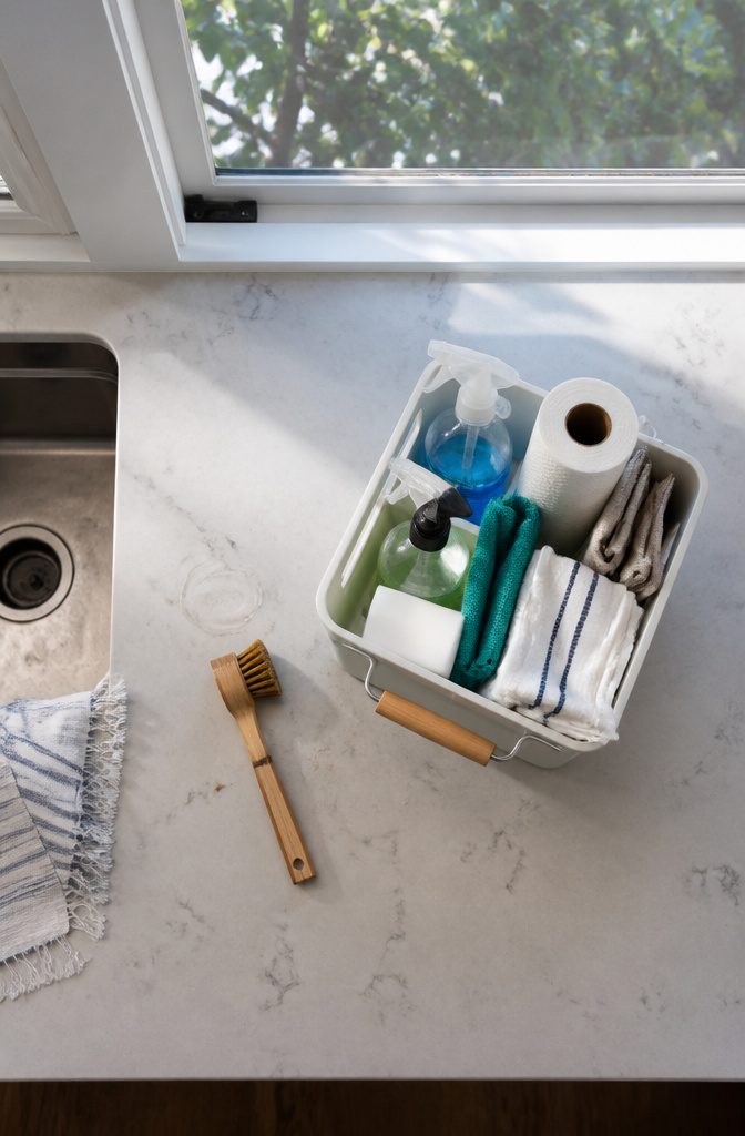 Portable cleaning caddy holding spray bottles microfiber cloths and paper towels