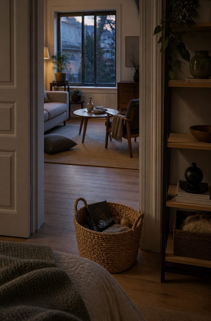 Basket with a book remote garment and toy beside a tidy living room