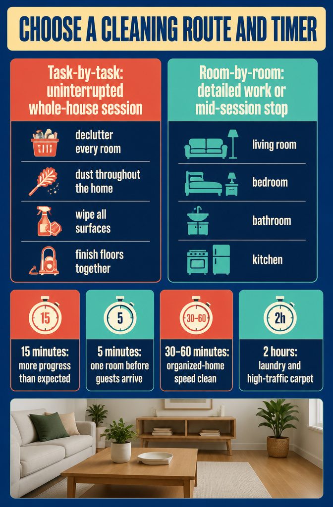 Cleaning route information graphic with a timer and room-by-room choices