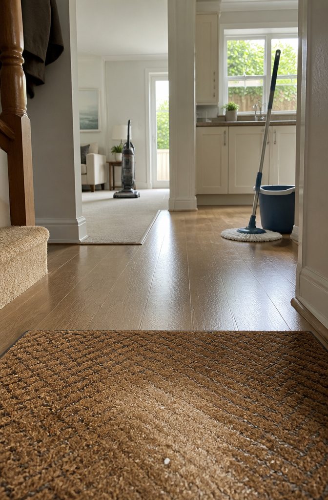 Vacuum cleaner crossing a carpeted path beside a hard floor