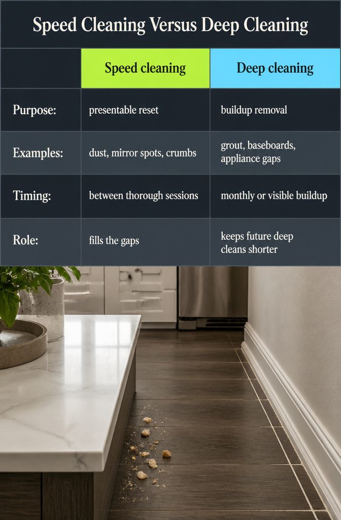 Information graphic comparing speed cleaning tasks with deep cleaning areas
