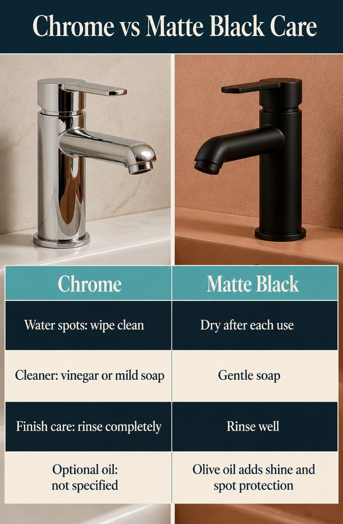 Chrome and matte black faucet finishes shown side by side