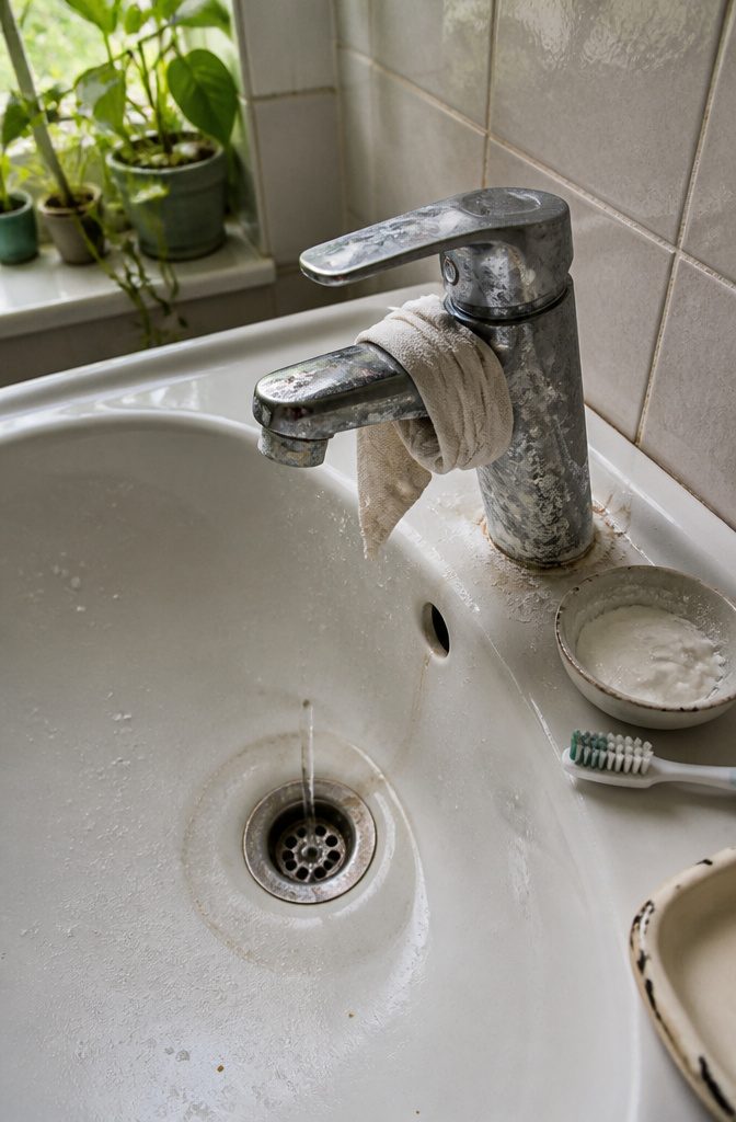 Chrome faucet with chalky scale and a vinegar-soaked rag around its base