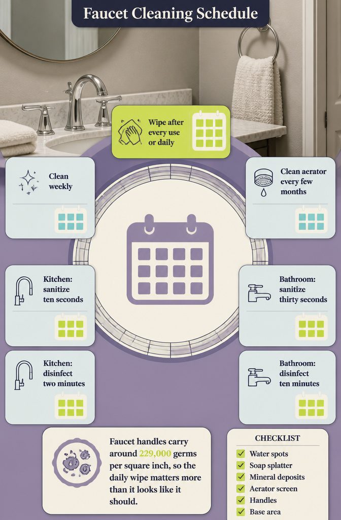 Faucet cleaning schedule graphic with daily and weekly care reminders