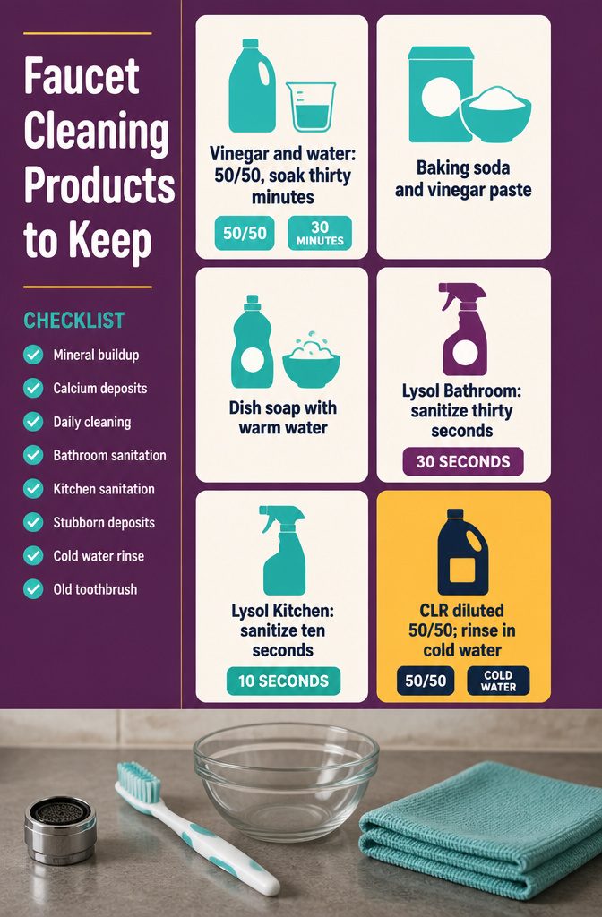 Faucet cleaning product guide listing vinegar dish soap and cleaning supplies