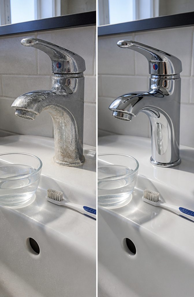 Faucet with white chalky mineral deposits around its base and aerator