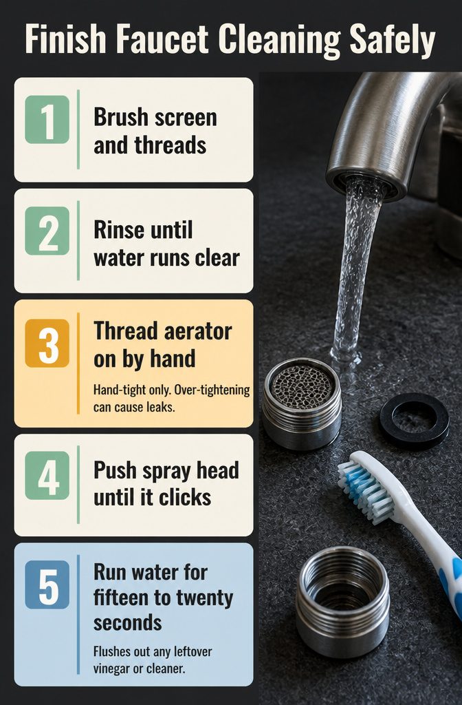 Faucet cleaning diagram with a soft brush rinsing an aerator