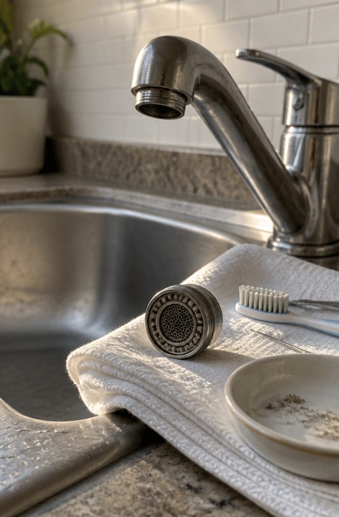 Faucet aerator at the spout tip beside a hand ready to unscrew it