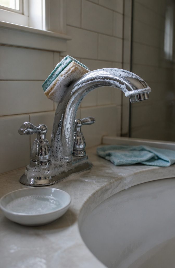 Chrome faucet with white foam and a damp sponge on its curved spout