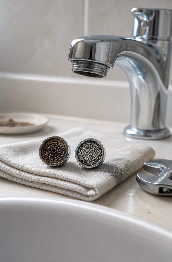Faucet aerator removed from the spout beside the faucet