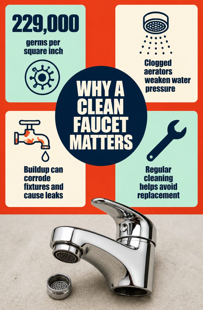 Faucet cleaning diagram with a clear stream and clean fixture