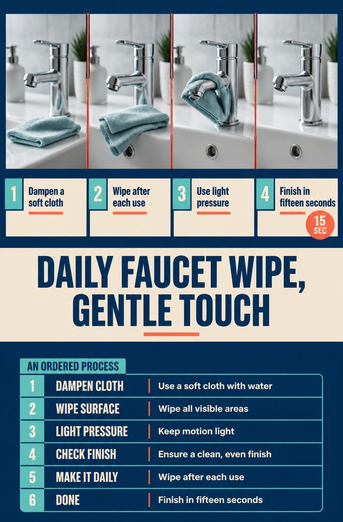 Faucet and damp cloth beside the words Daily Faucet Wipe Gentle Touch