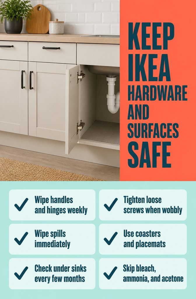 How to Clean IKEA Furniture: 9 Steps That Work on Any Finish 12 Graphic listing hardware care and ways to prevent furniture surface damage
