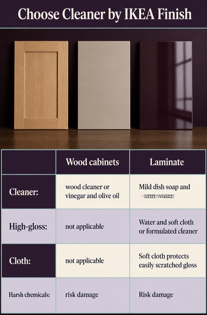 How to Clean IKEA Furniture: 9 Steps That Work on Any Finish 11 Graphic listing wood laminate and high gloss finishes with cleaner choices