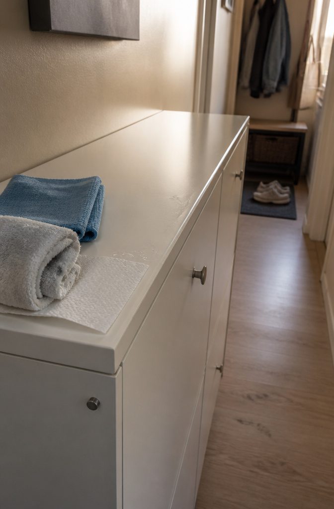 How to Clean IKEA Furniture: 9 Steps That Work on Any Finish 5 Laminate cabinet edge with water beads beside microfiber and paper towels