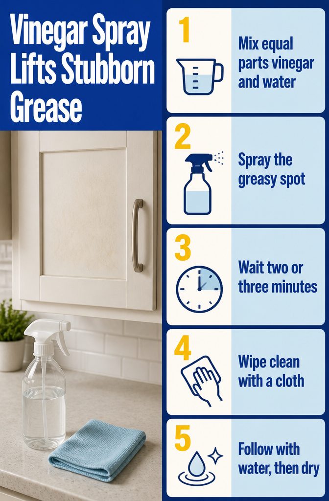 How to Clean IKEA Furniture: 9 Steps That Work on Any Finish 6 Vinegar spray bottle beside a cabinet door with a grease mark