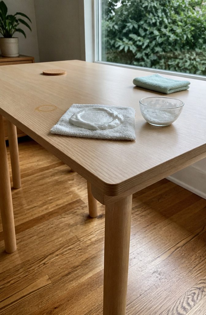 How to Clean IKEA Furniture: 9 Steps That Work on Any Finish 7 Baking soda paste on a cloth over a coffee ring on laminate
