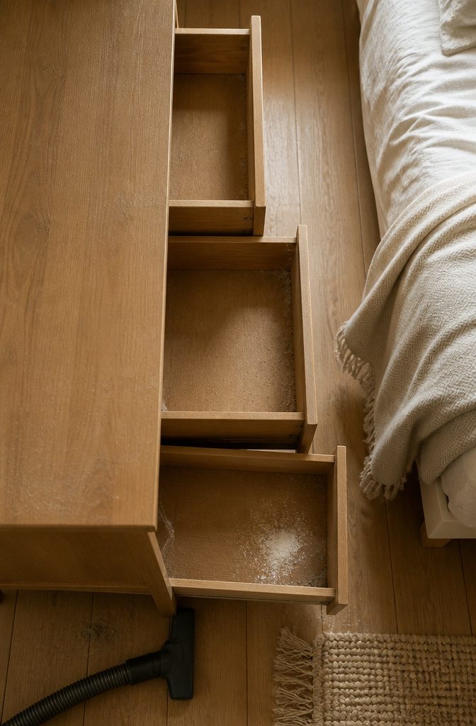 How to Clean IKEA Furniture: 9 Steps That Work on Any Finish 3 Open furniture drawer with vacuum nozzle cleaning its inside corner