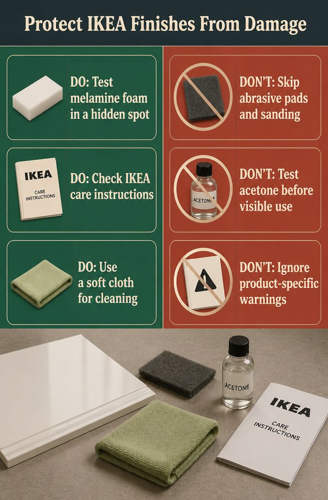 How to Clean IKEA Furniture: 9 Steps That Work on Any Finish 13 Graphic listing abrasive pads acetone and other risks to IKEA finishes