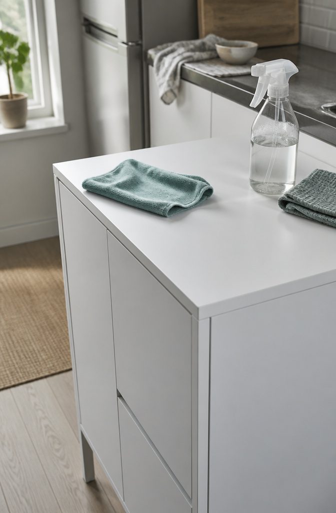 How to Clean IKEA Furniture: 9 Steps That Work on Any Finish 4 Microfiber cloth wiping a tabletop beside a bowl of soapy water