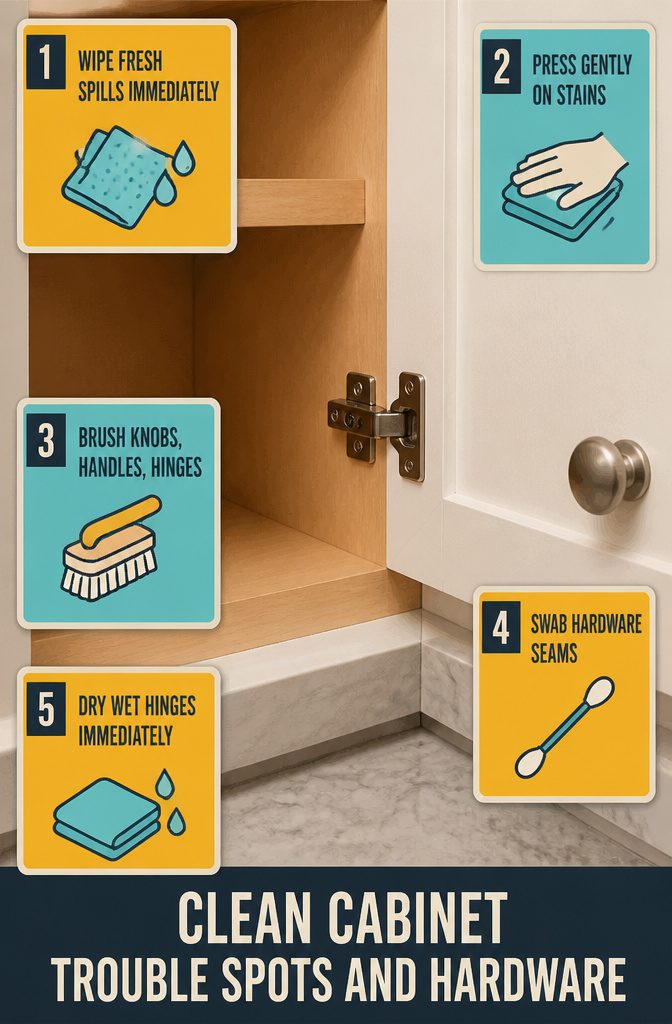 How to Clean Kitchen Cabinets in 5 Steps 5 Cabinet trouble spot information graphic with a title about hardware and grime