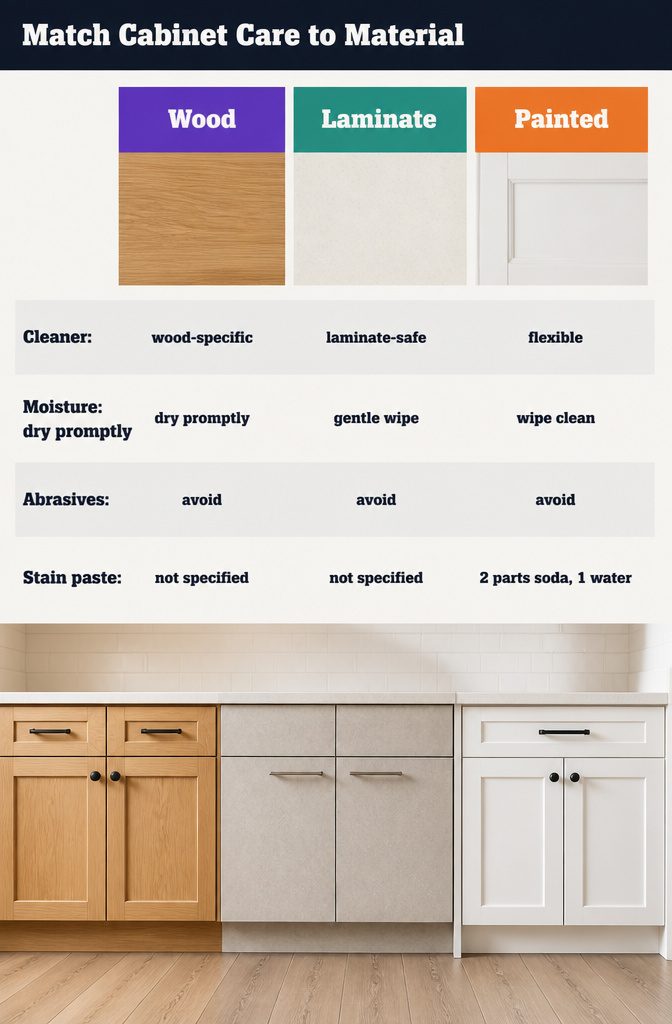 How to Clean Kitchen Cabinets in 5 Steps 8 Cabinet care information graphic with a title about different cabinet materials
