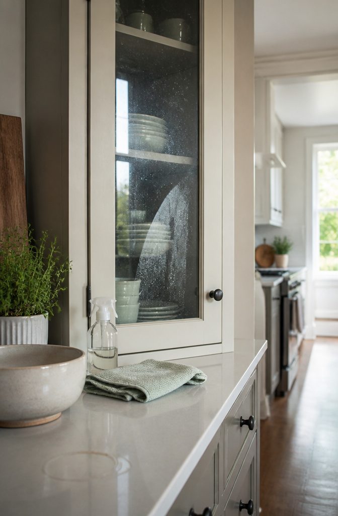 How to Clean Kitchen Cabinets in 5 Steps 9 Framed glass cabinet door with faint splatters beside a folded microfiber cloth and spray bottle