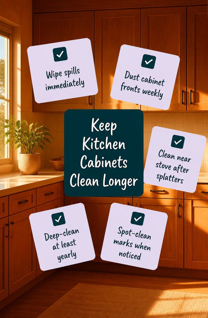 How to Clean Kitchen Cabinets in 5 Steps 7 Kitchen cabinet care graphic with a title about keeping cabinets clean longer