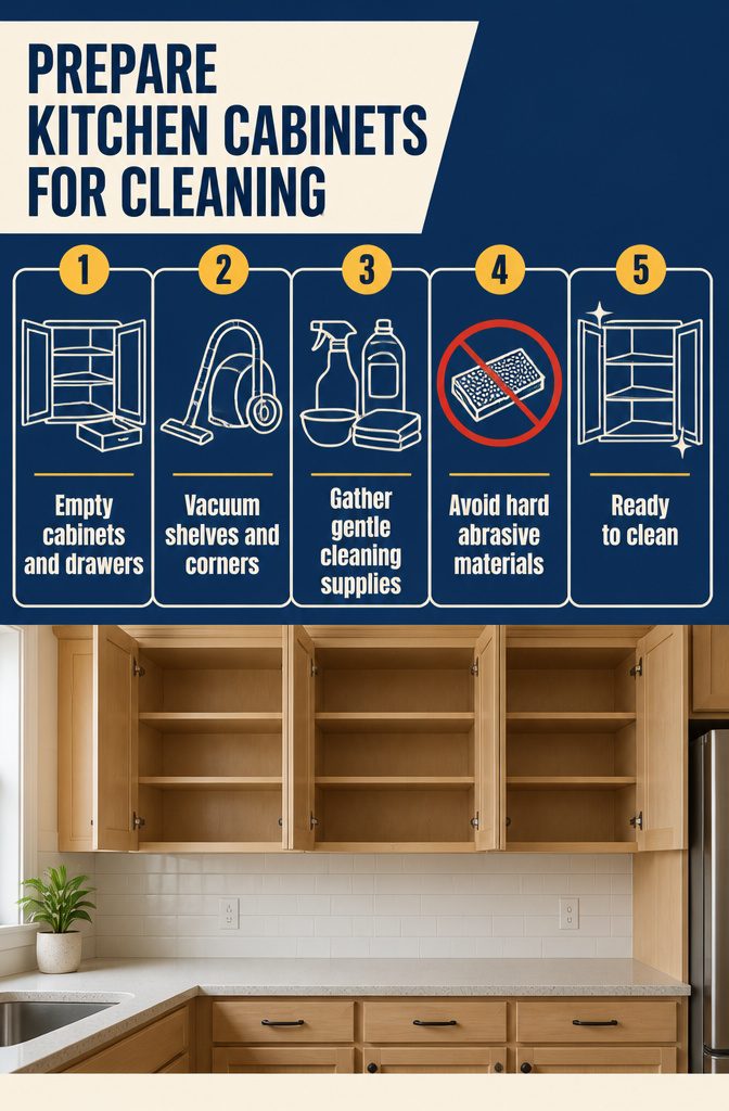 How to Clean Kitchen Cabinets in 5 Steps 2 Kitchen cabinet preparation graphic with its title and clean interior design