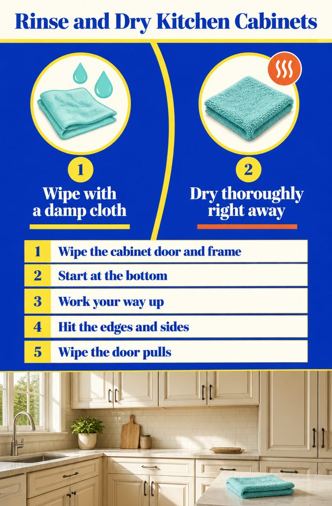 How to Clean Kitchen Cabinets in 5 Steps 6 Kitchen cabinet cleaning information graphic with a title about rinsing and drying