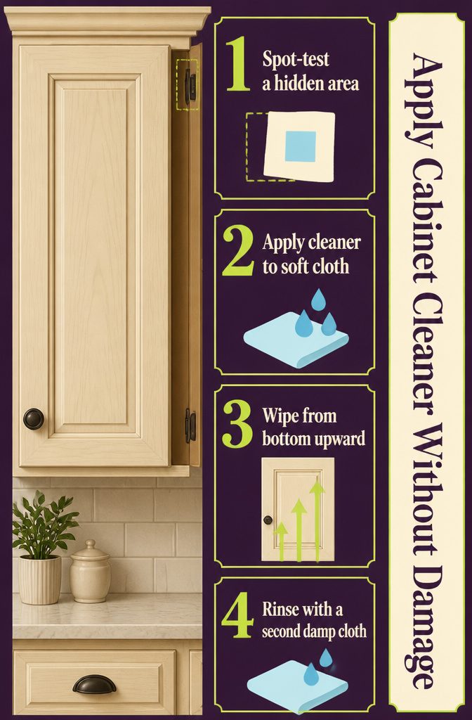 How to Clean Kitchen Cabinets in 5 Steps 4 Cabinet cleaning information graphic with a title about applying cleaner safely