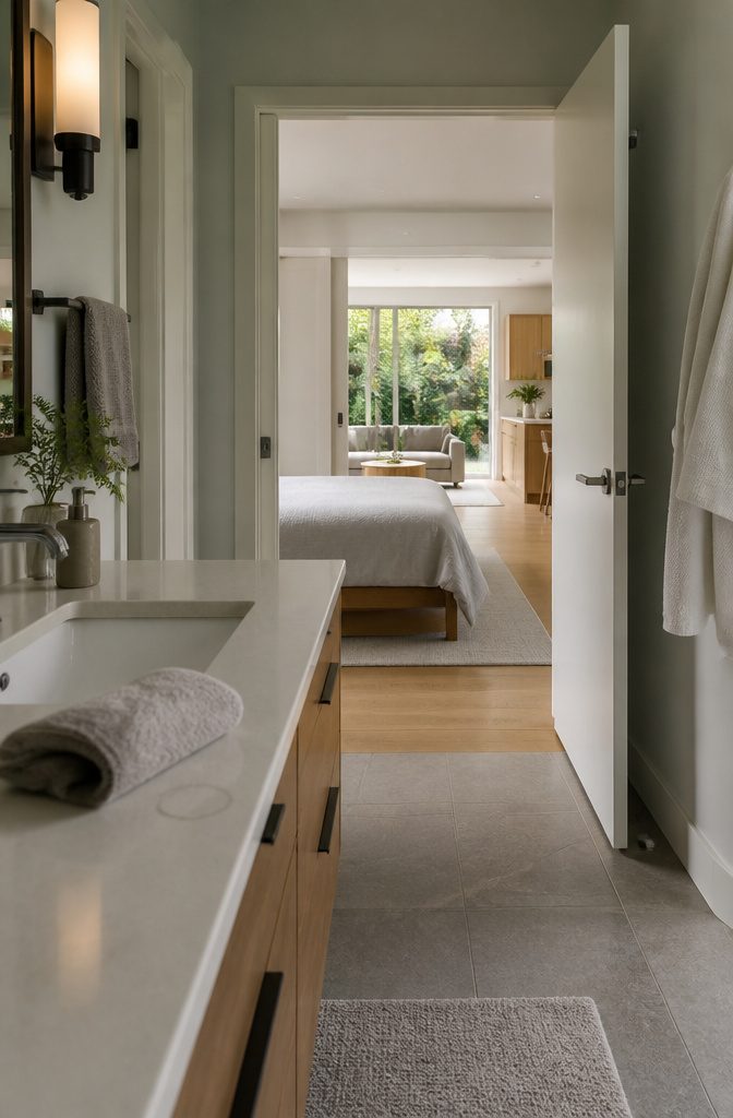 Clean bathroom doorway opening toward a bedroom and living area