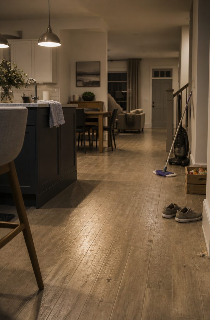 Kitchen floor with vacuum and mop beside an island and cleared table