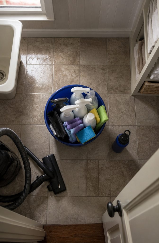 Cleaning bucket filled with spray bottles cloths sponges and garbage bags