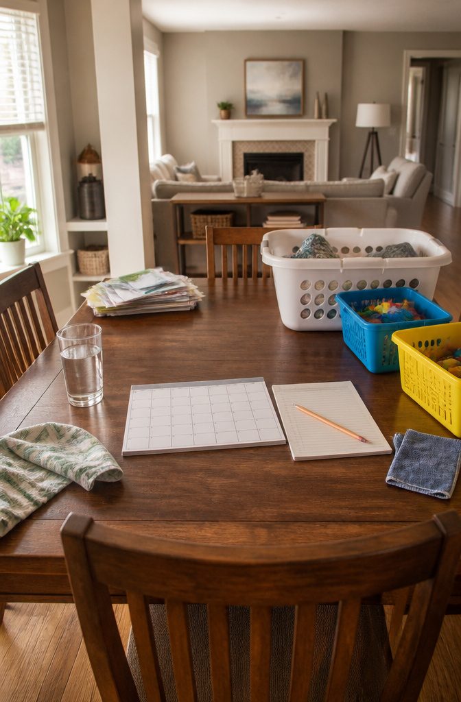 Dining table with blank calendar task sheet pencil toy bins and laundry basket