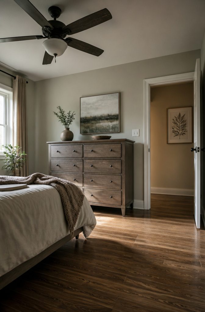 Ceiling fan and light fixture above furniture and flooring in a home